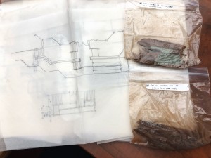 Field sketches and wood samples from the Garten Verein in Galveston collected between 1995 and 1996. The wood samples from the window frames and roof line were sent to the U.S. Department of Agriculture’s Forest Product Laboratory to be studied for traces of fungus that could cause rapid decay.  